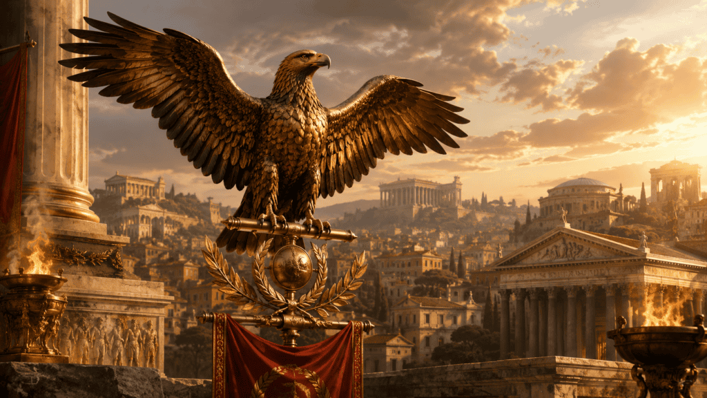 Golden Roman eagle standard with outstretched wings above ancient Rome, surrounded by temples, sacred fires, and sunset light.
