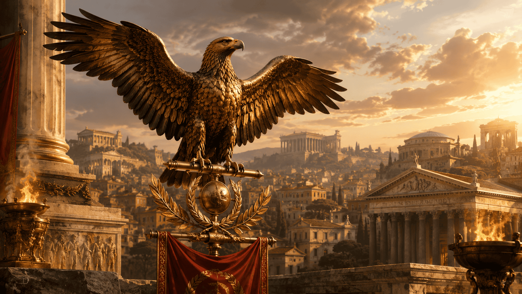 Golden Roman eagle standard with outstretched wings above ancient Rome, surrounded by temples, sacred fires, and sunset light.