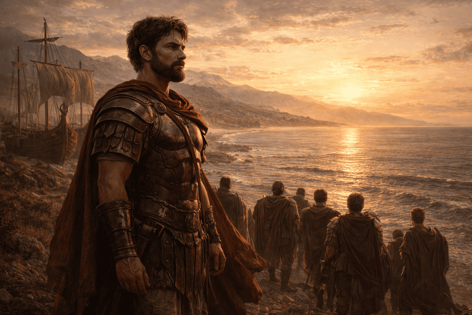 Aeneas arriving on the shores of Italy with Trojan companions after his long journey from Troy