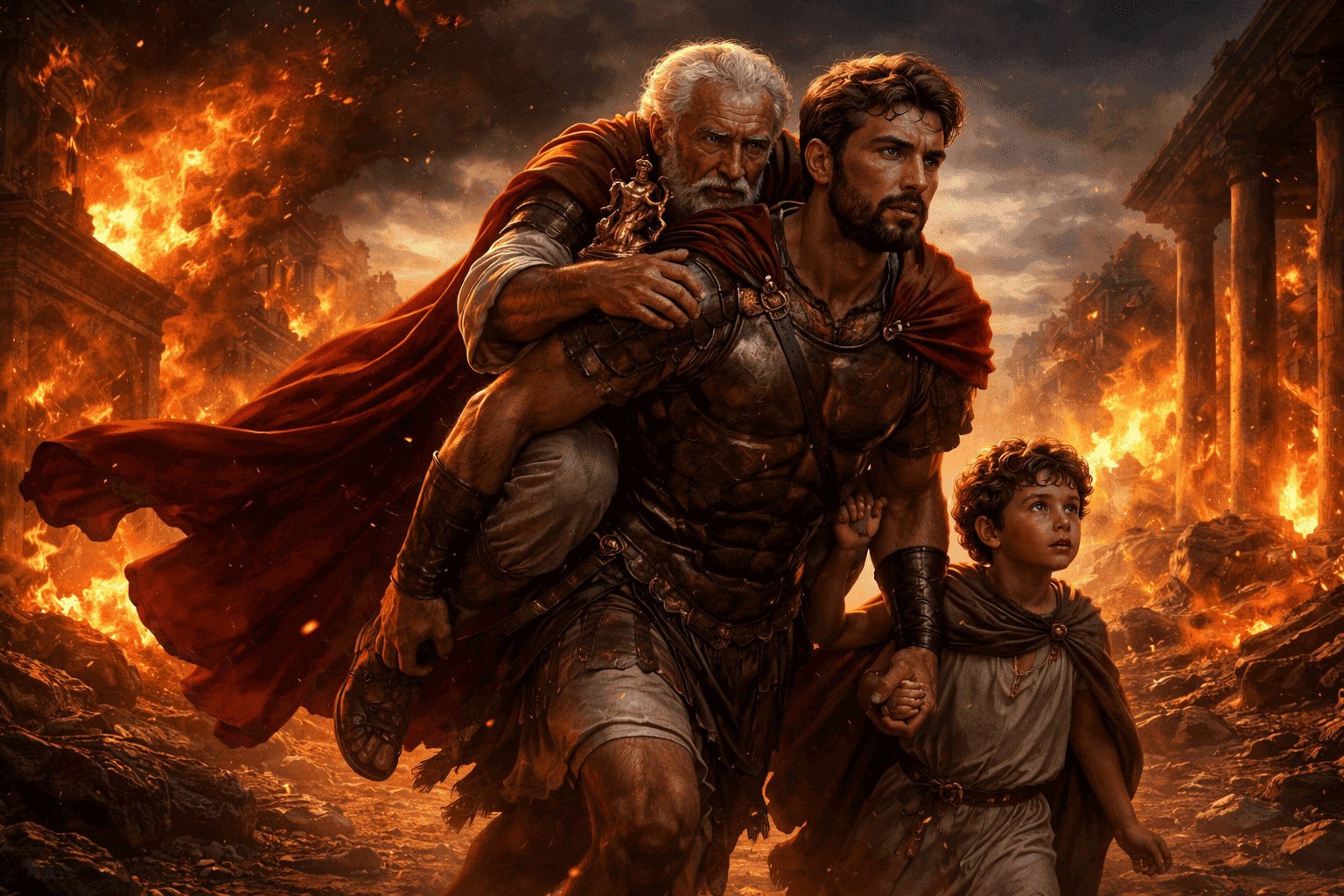 Aeneas carrying Anchises and leading Ascanius while escaping the burning city of Troy
