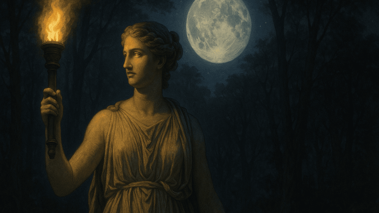 Diana, the Roman goddess of the moon, holds a glowing torch in a moonlit forest, her white tunic softly illuminated by the contrast of torchlight and moonlight.