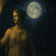 Diana, the Roman goddess of the moon, holds a glowing torch in a moonlit forest, her white tunic softly illuminated by the contrast of torchlight and moonlight.