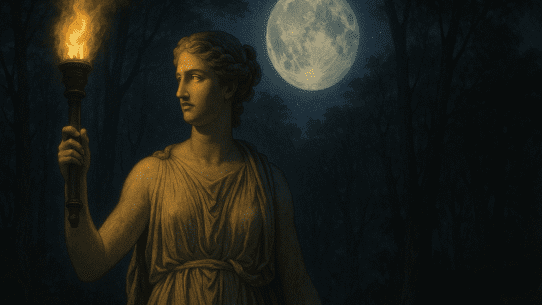 Diana, the Roman goddess of the moon, holds a glowing torch in a moonlit forest, her white tunic softly illuminated by the contrast of torchlight and moonlight.