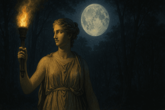 Diana, the Roman goddess of the moon, holds a glowing torch in a moonlit forest, her white tunic softly illuminated by the contrast of torchlight and moonlight.