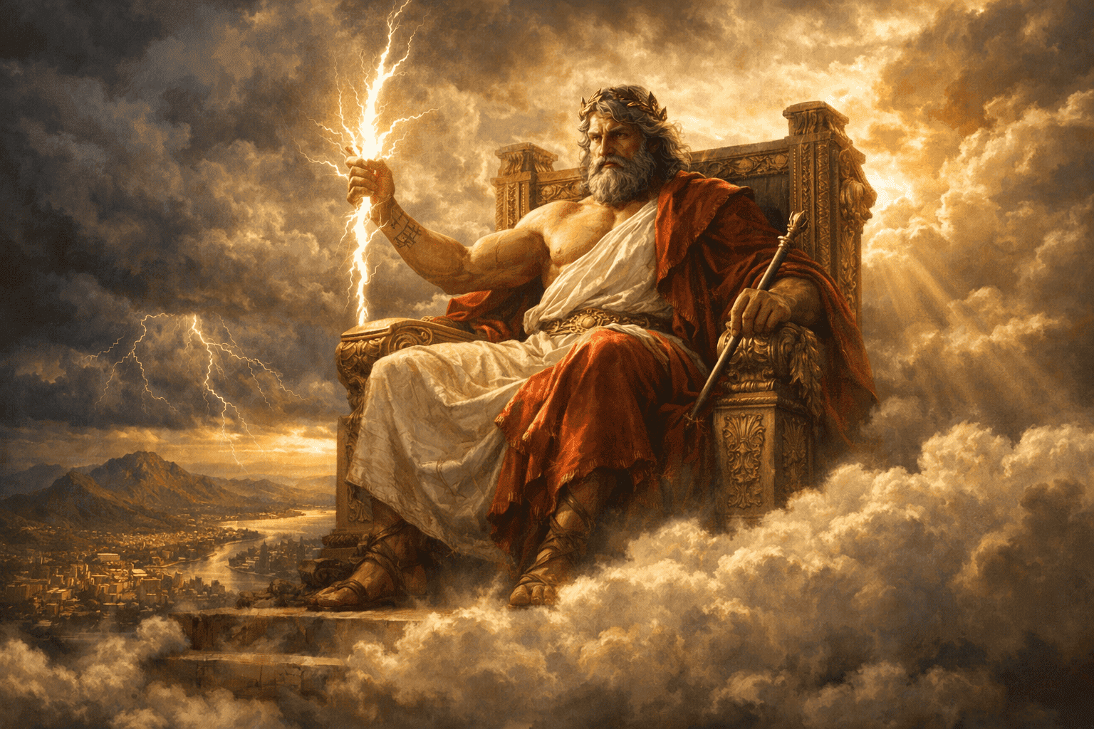 Jupiter seated on a throne above the clouds holding a thunderbolt as king of the Roman gods.