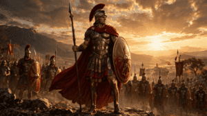 Mars, the Roman god of war, standing in armor with a spear and shield as Roman soldiers gather behind him at dawn.
