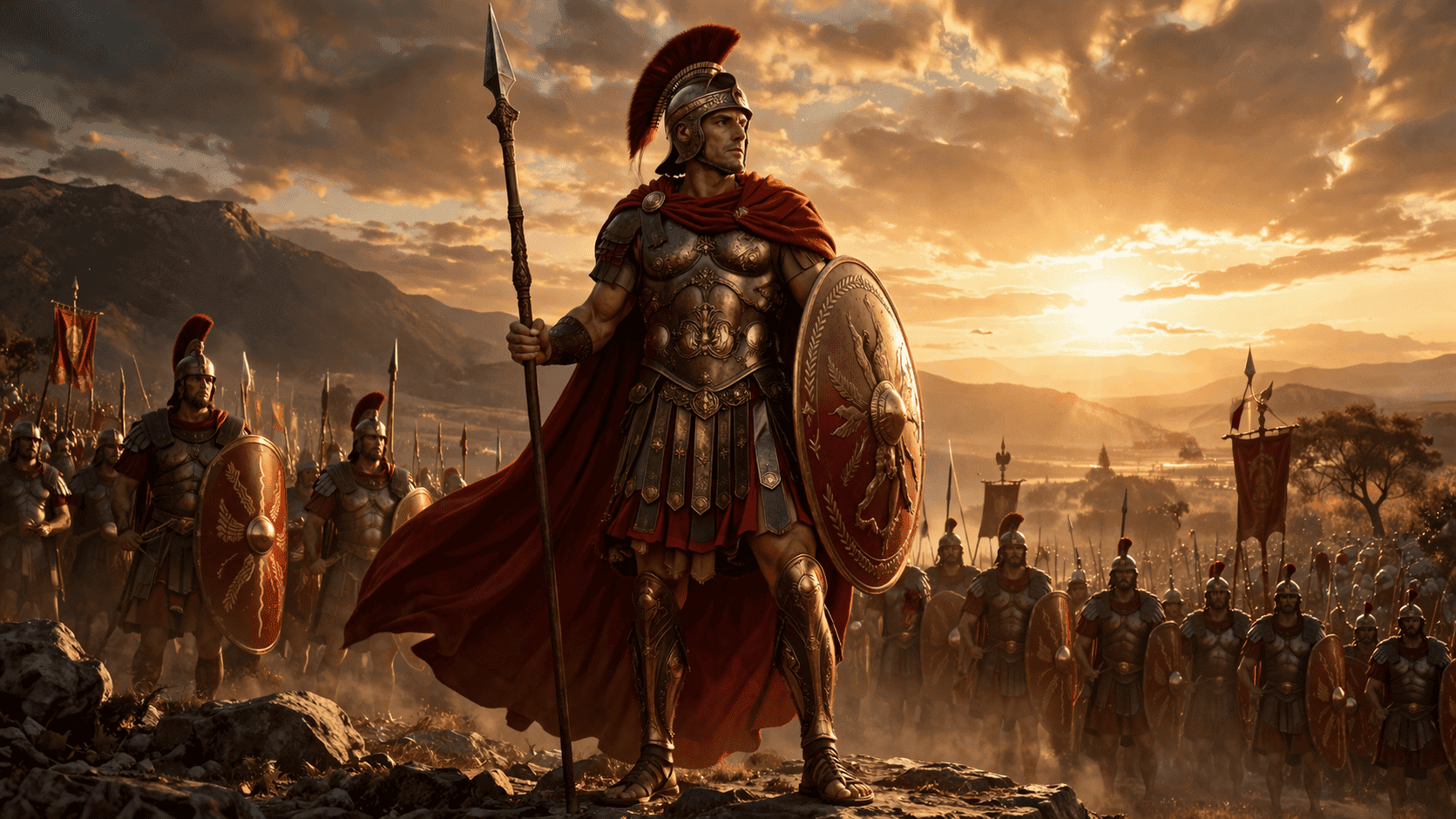 Mars, the Roman god of war, standing in armor with a spear and shield as Roman soldiers gather behind him at dawn.