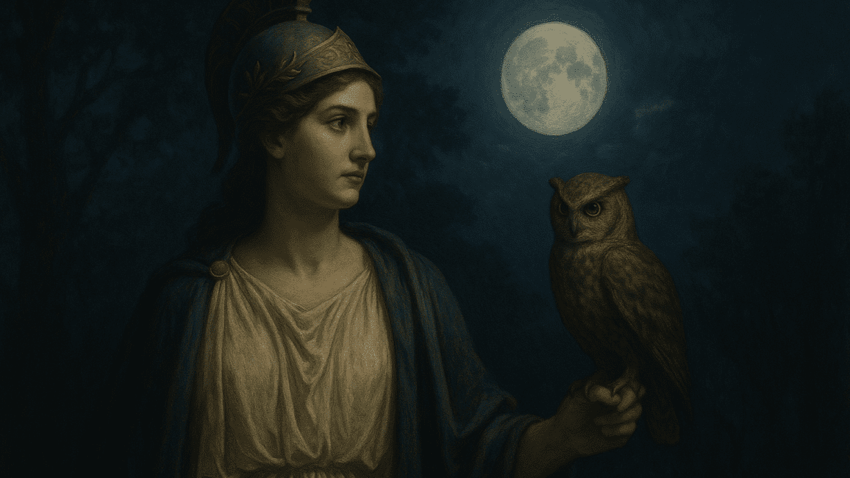 Minerva, the Roman goddess of wisdom, stands beneath a moonlit sky with an owl perched on her hand, wearing a white tunic, blue cloak, and Corinthian helmet.