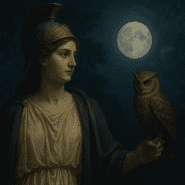 Minerva, the Roman goddess of wisdom, stands beneath a moonlit sky with an owl perched on her hand, wearing a white tunic, blue cloak, and Corinthian helmet.