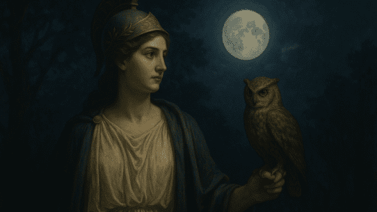 Minerva, the Roman goddess of wisdom, stands beneath a moonlit sky with an owl perched on her hand, wearing a white tunic, blue cloak, and Corinthian helmet.
