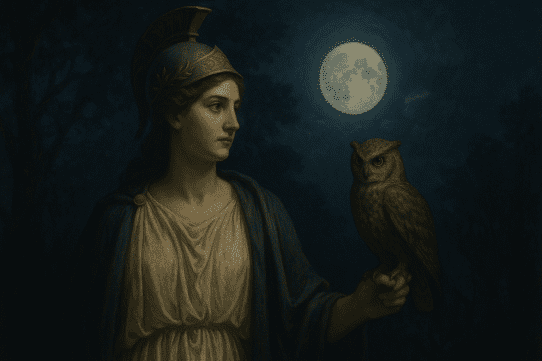 Minerva, the Roman goddess of wisdom, stands beneath a moonlit sky with an owl perched on her hand, wearing a white tunic, blue cloak, and Corinthian helmet.
