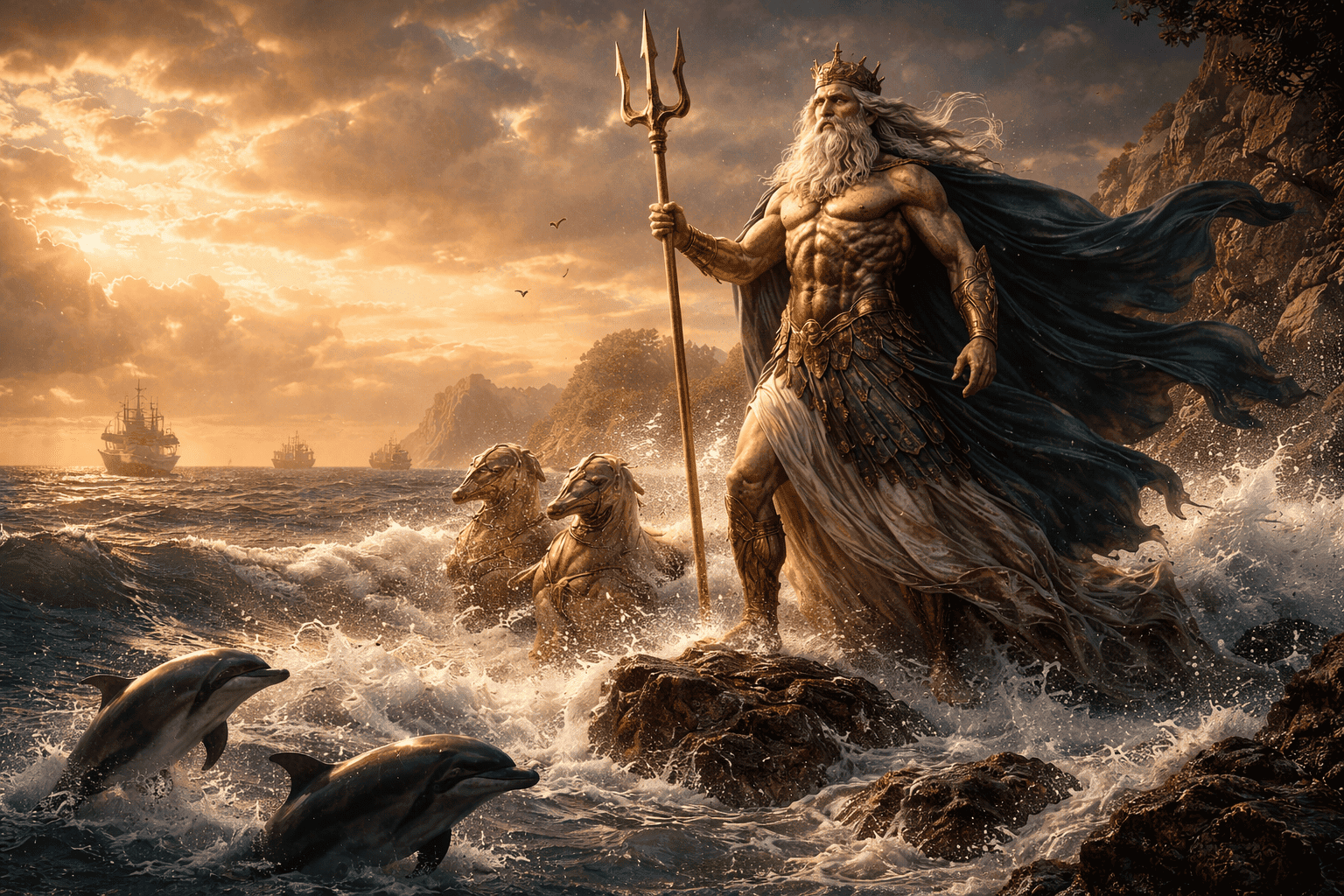 Neptune standing on a rocky shore with a trident, surrounded by waves and sea creatures in a Roman mythological scene.