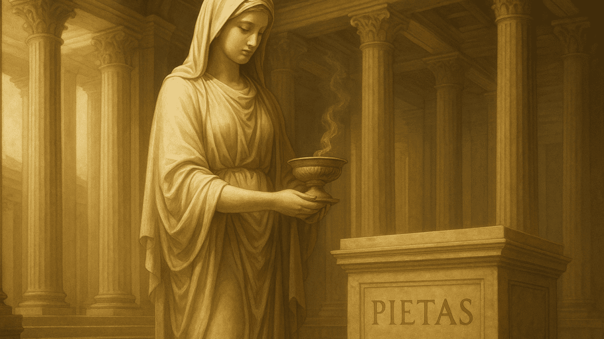 Veiled woman representing Pietas holds an incense bowl before an altar inscribed with her name in a Roman temple.