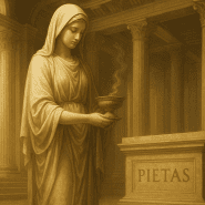 Veiled woman representing Pietas holds an incense bowl before an altar inscribed with her name in a Roman temple.