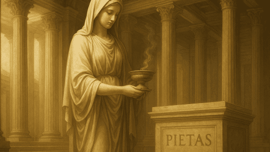 Veiled woman representing Pietas holds an incense bowl before an altar inscribed with her name in a Roman temple.
