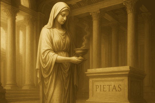 Veiled woman representing Pietas holds an incense bowl before an altar inscribed with her name in a Roman temple.