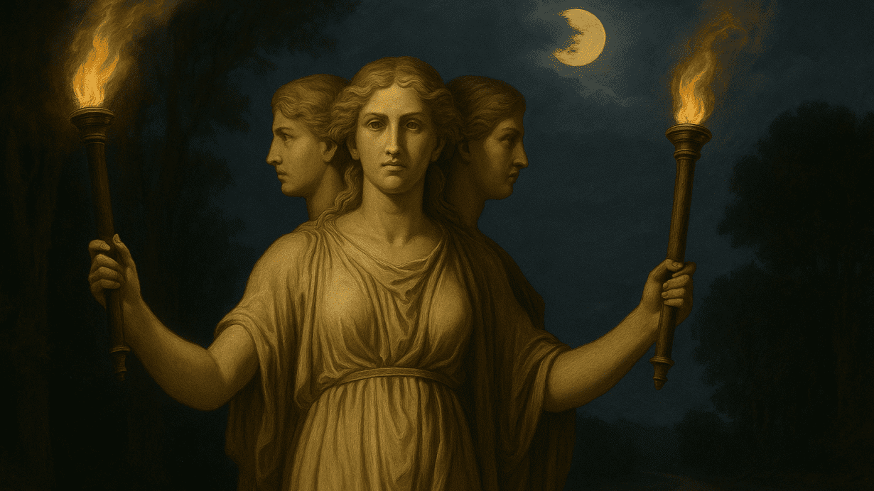 Triple-formed goddess Trivia stands at a moonlit crossroads, holding two torches that illuminate the surrounding forest.