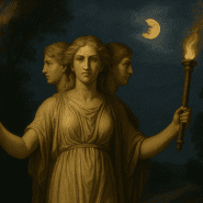Triple-formed goddess Trivia stands at a moonlit crossroads, holding two torches that illuminate the surrounding forest.