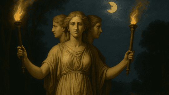 Triple-formed goddess Trivia stands at a moonlit crossroads, holding two torches that illuminate the surrounding forest.