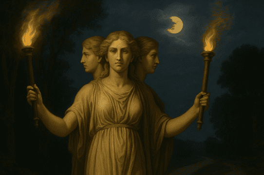 Triple-formed goddess Trivia stands at a moonlit crossroads, holding two torches that illuminate the surrounding forest.