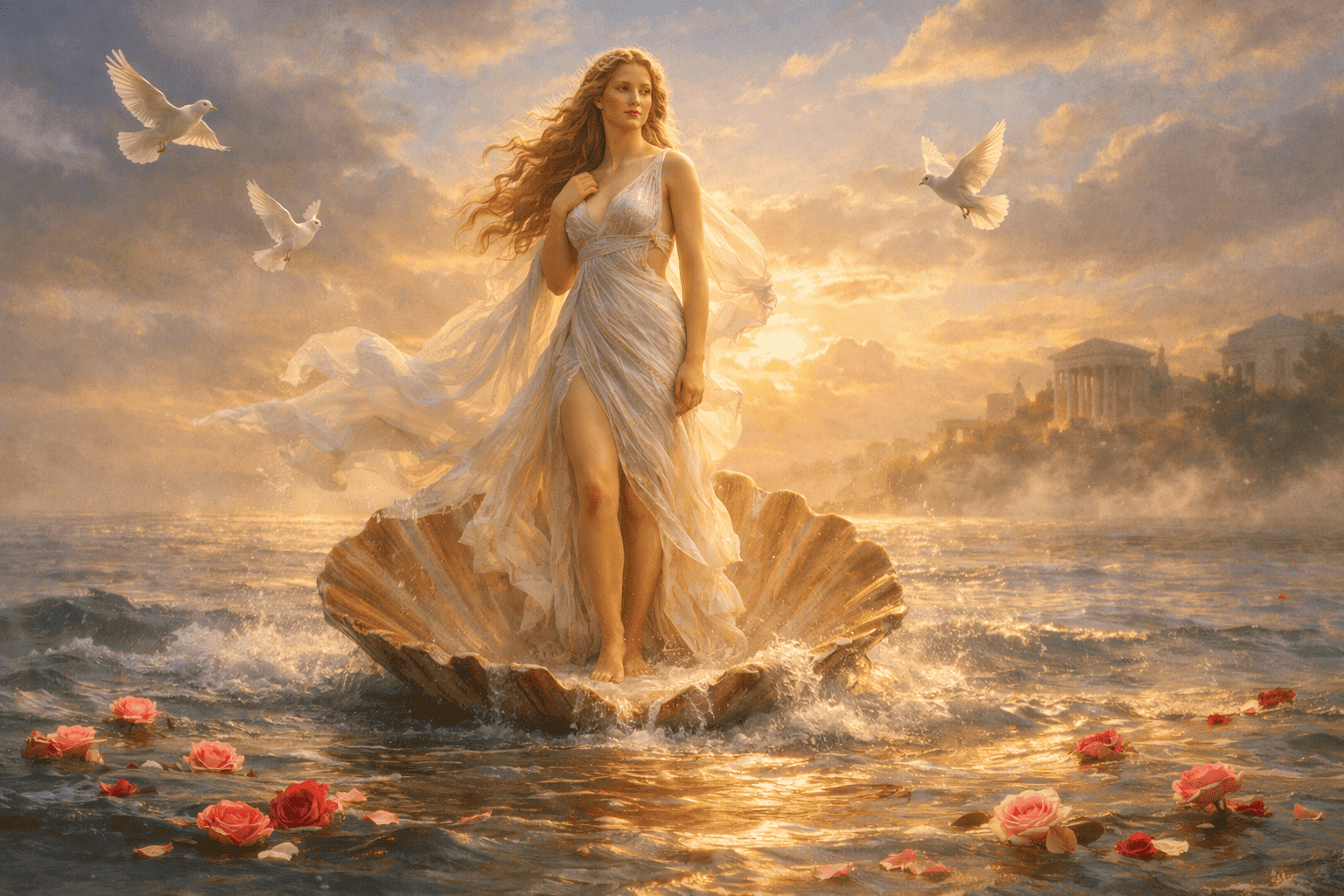 Venus standing on a seashell surrounded by roses and doves, representing the Roman goddess of love and beauty.