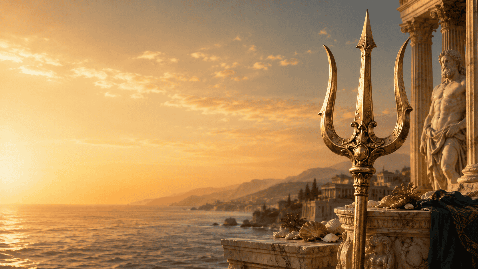 Golden trident on a Roman seaside temple terrace at sunset, with ocean waves, shells, marble columns, and a statue of Neptune.