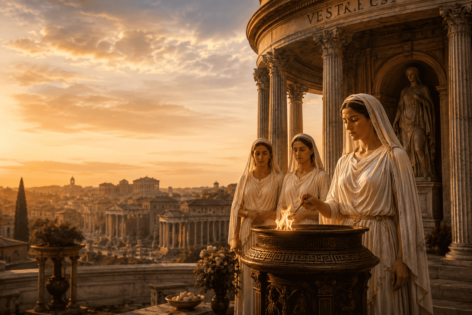 Vestal Virgins tending the sacred flame at a Roman temple during sunset, with ancient Rome and marble columns in the background.