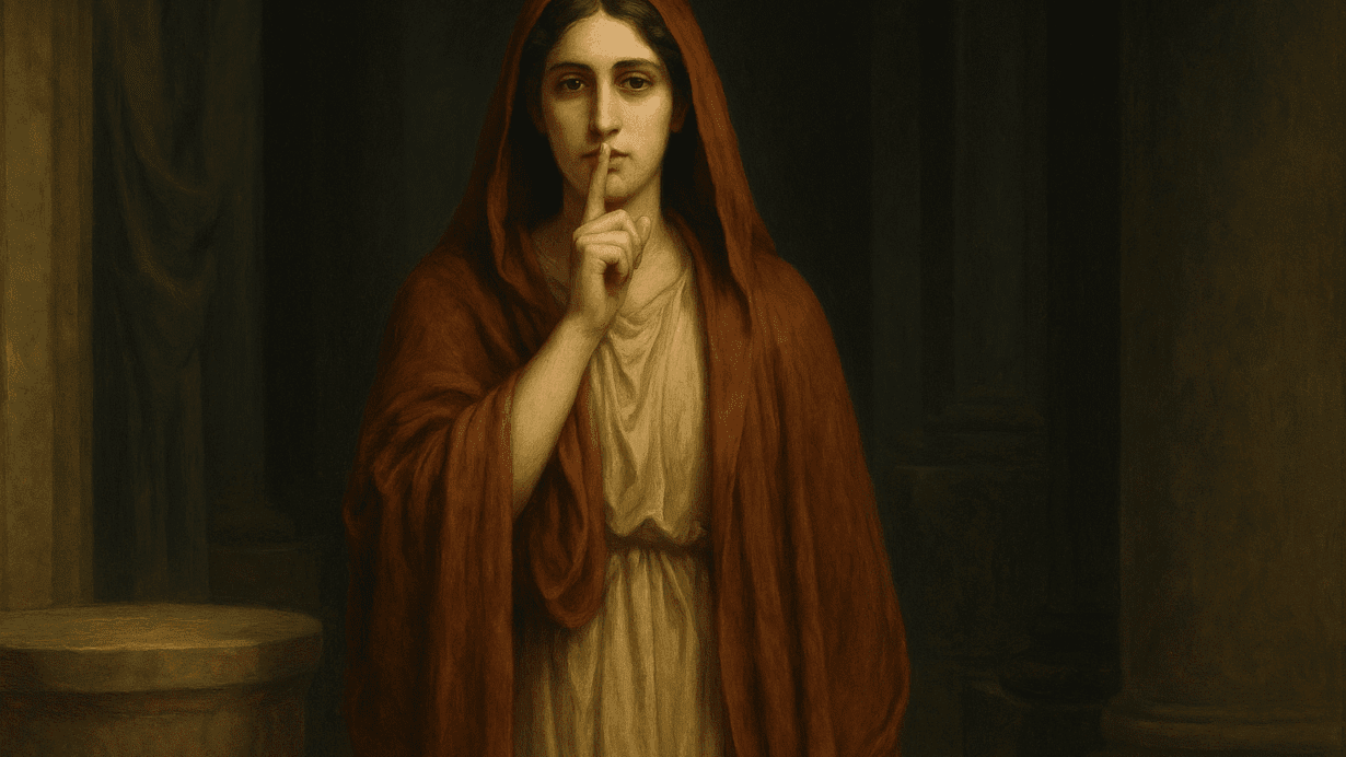 Illustration of Angerona, Roman goddess of silence and secrets, with her finger raised to her lips inside a dimly lit sanctuary.