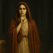 Illustration of Angerona, Roman goddess of silence and secrets, with her finger raised to her lips inside a dimly lit sanctuary.