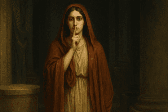 Illustration of Angerona, Roman goddess of silence and secrets, with her finger raised to her lips inside a dimly lit sanctuary.