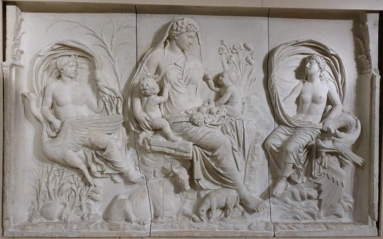 Plaster cast of a marble relief from the Ara Pacis Augustae depicting Pax, the Roman goddess of peace, seated with symbols of fertility and abundance.
