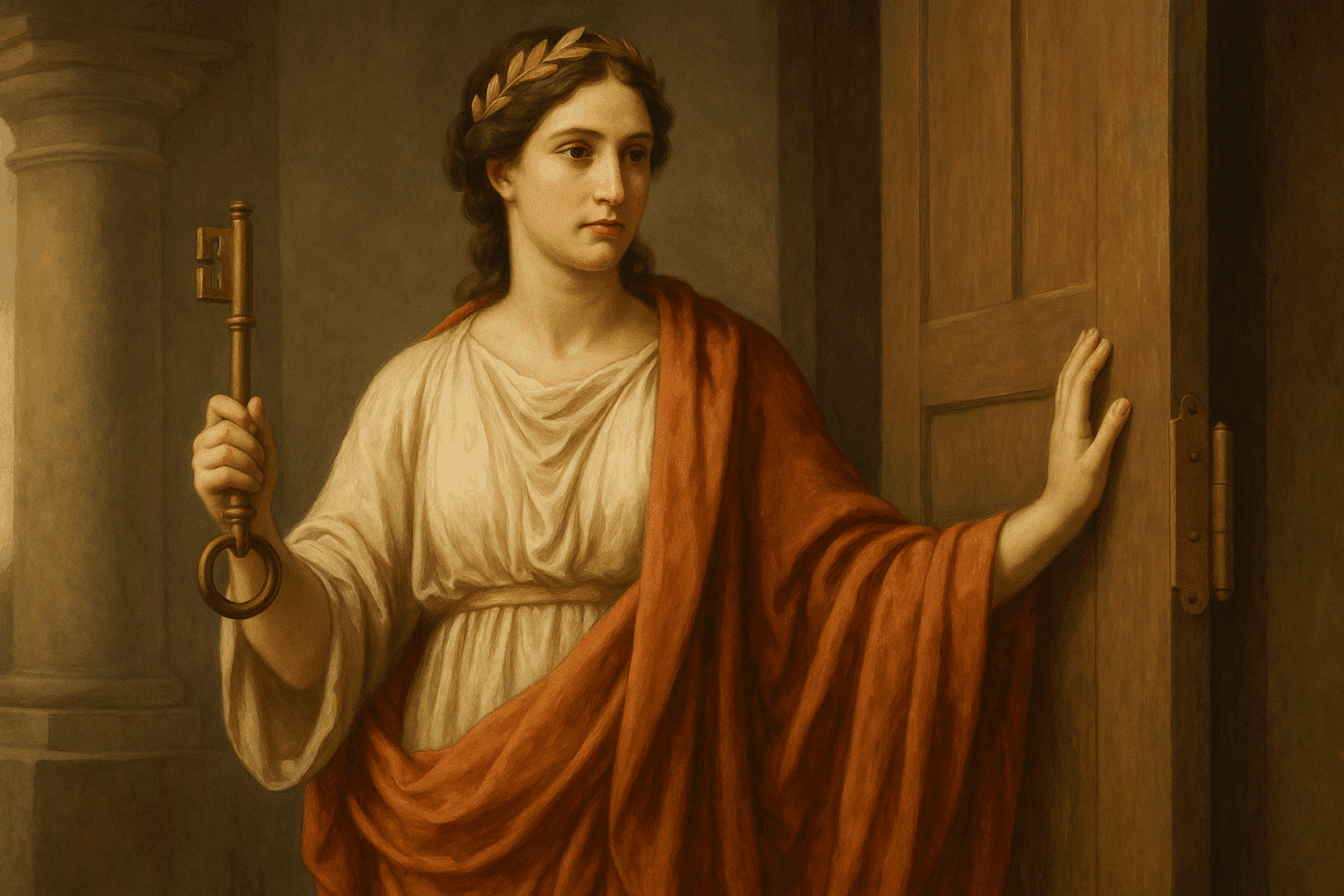 A classical-style digital painting of Cardea, the Roman goddess of hinges and thresholds, holding a large brass key while standing beside a wooden door, illuminated by warm golden light.