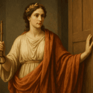 A classical-style digital painting of Cardea, the Roman goddess of hinges and thresholds, holding a large brass key while standing beside a wooden door, illuminated by warm golden light.