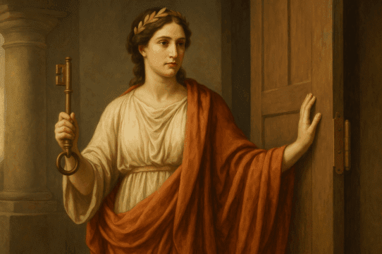 A classical-style digital painting of Cardea, the Roman goddess of hinges and thresholds, holding a large brass key while standing beside a wooden door, illuminated by warm golden light.