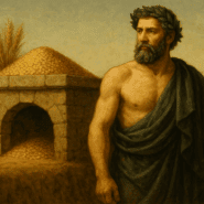 Illustration of Consus, Roman god of stored grain and secret councils, standing beside a hidden underground altar with grain offerings.