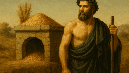Illustration of Consus, Roman god of stored grain and secret councils, standing beside a hidden underground altar with grain offerings.