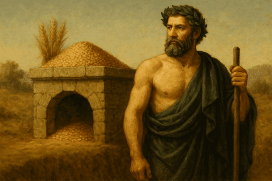 Illustration of Consus, Roman god of stored grain and secret councils, standing beside a hidden underground altar with grain offerings.