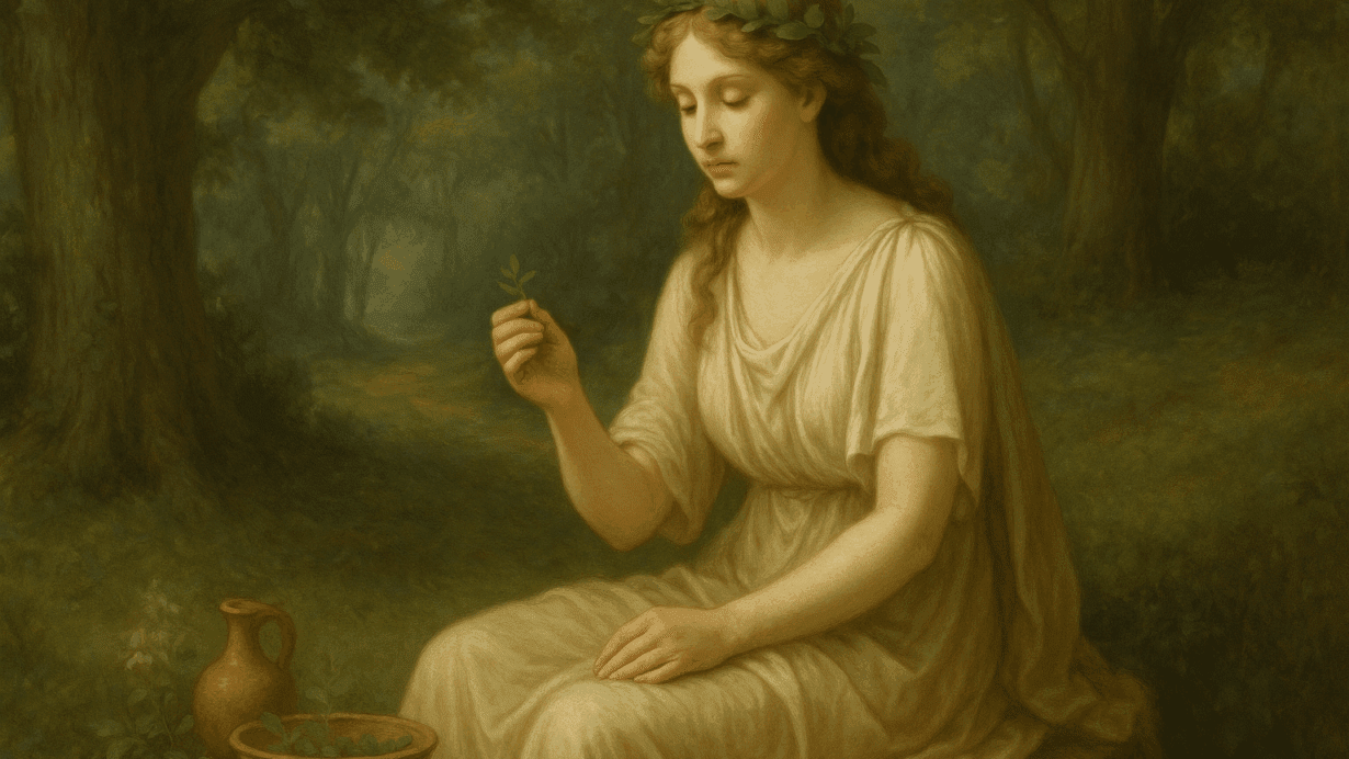 Illustration of Fauna, Roman goddess of prophecy and healing, seated in a peaceful woodland clearing with herbs and gentle light surrounding her.