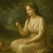 Illustration of Fauna, Roman goddess of prophecy and healing, seated in a peaceful woodland clearing with herbs and gentle light surrounding her.