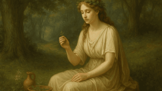 Illustration of Fauna, Roman goddess of prophecy and healing, seated in a peaceful woodland clearing with herbs and gentle light surrounding her.