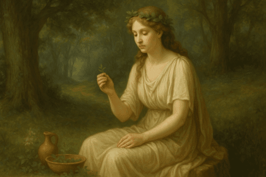 Illustration of Fauna, Roman goddess of prophecy and healing, seated in a peaceful woodland clearing with herbs and gentle light surrounding her.