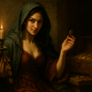 Baroque-style painting of Laverna, the Roman goddess of thieves, holding a candle and coins beside an open chest filled with gold.