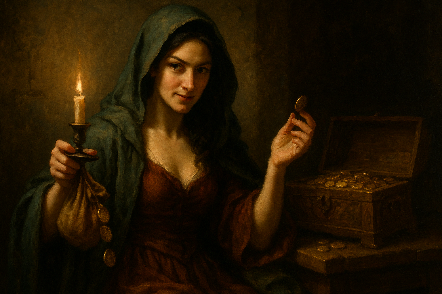 Baroque-style painting of Laverna, the Roman goddess of thieves, holding a candle and coins beside an open chest filled with gold.