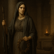 Illustration of Libitina, Roman goddess of funerals and rites, standing in a dim sanctuary with funerary garlands and ritual tools.