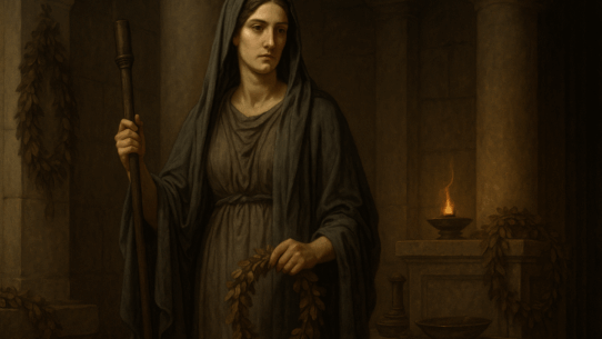 Illustration of Libitina, Roman goddess of funerals and rites, standing in a dim sanctuary with funerary garlands and ritual tools.