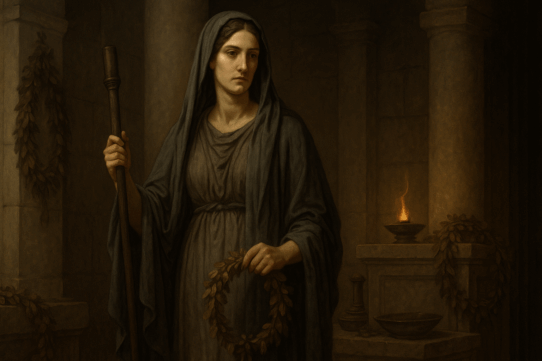 Illustration of Libitina, Roman goddess of funerals and rites, standing in a dim sanctuary with funerary garlands and ritual tools.