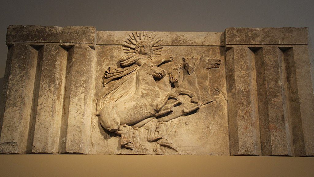 Marble relief of Sol, the Roman god of the Sun (Helios in Greek form), driving a four-horse chariot across the sky, symbolizing his daily journey.