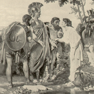 Illustration of Tarpeia opening the gate to the Capitoline as armed Sabine soldiers crowd around her, raising their shields just before turning on her.