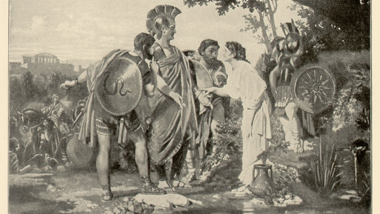 Illustration of Tarpeia opening the gate to the Capitoline as armed Sabine soldiers crowd around her, raising their shields just before turning on her.