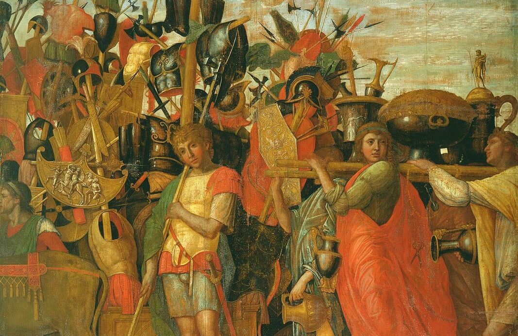 Procession scene from Andrea Mantegna’s series The Triumphs of Caesar, showing bearers carrying trophies, bullion, and spoils of war in a classical triumph.
